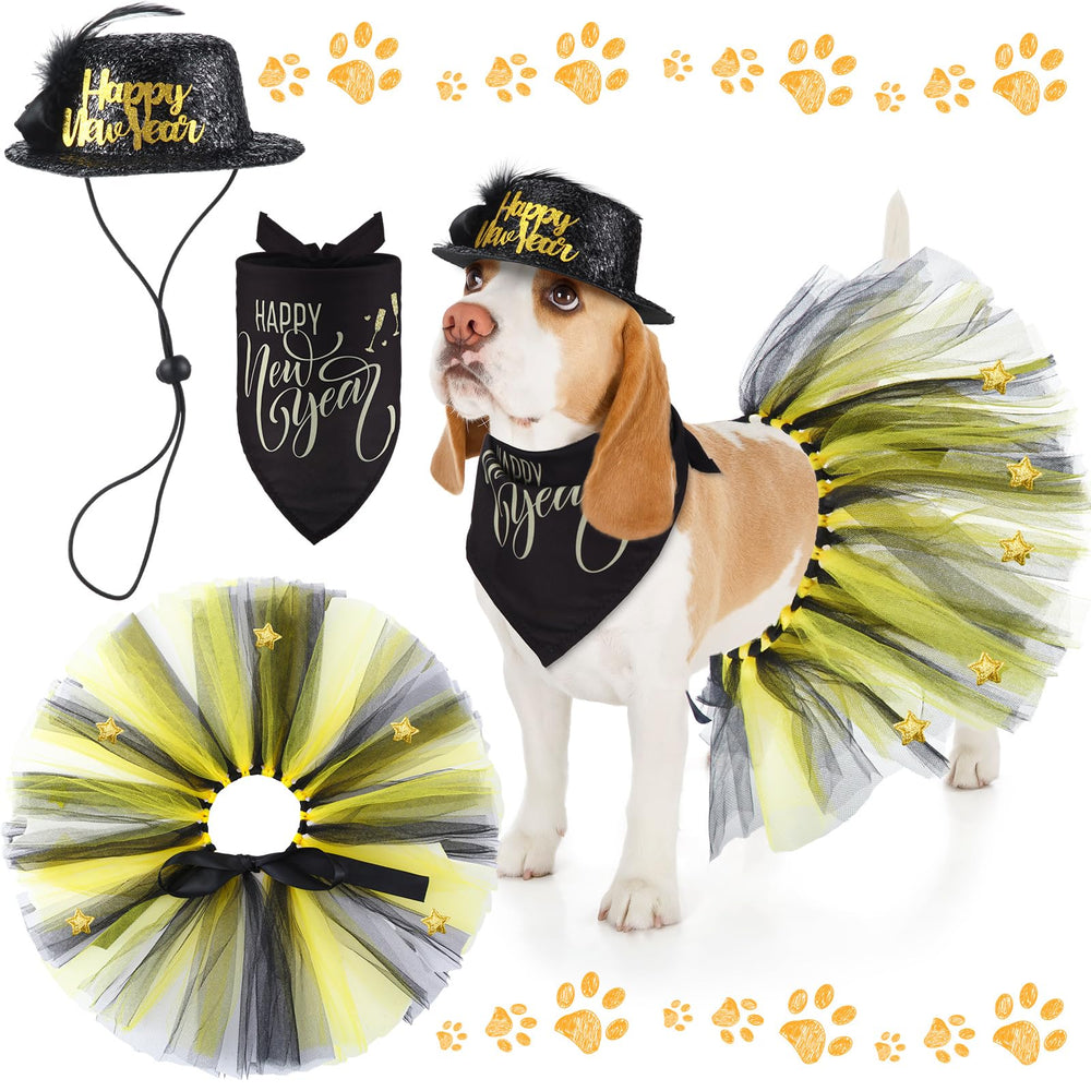 Suhine New Year's tutu skirt on a dog for festive photo props and easy dressing.