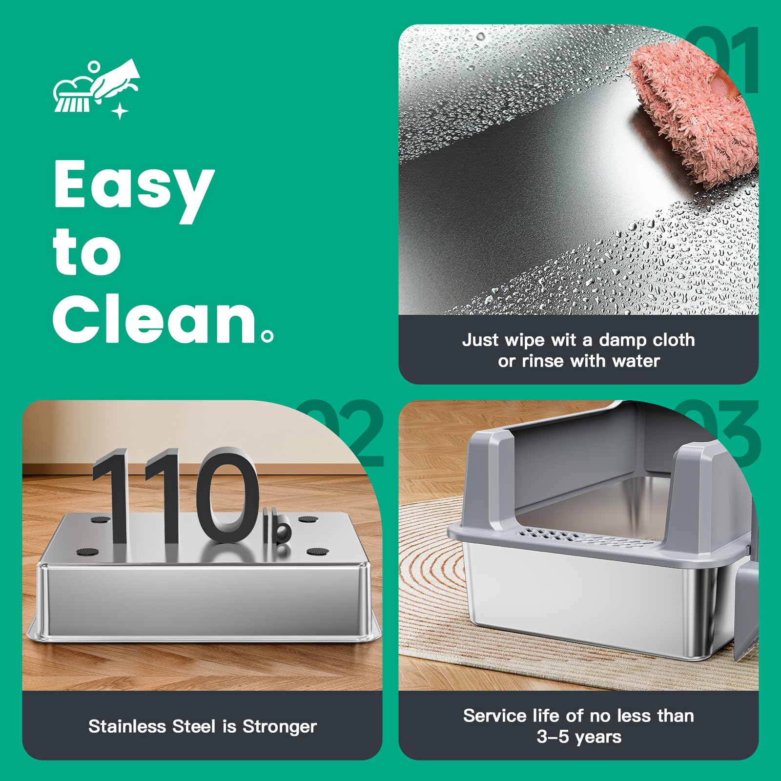 Suitfeel stainless-steel litter box bottom with nonstick finish reduces sticking.