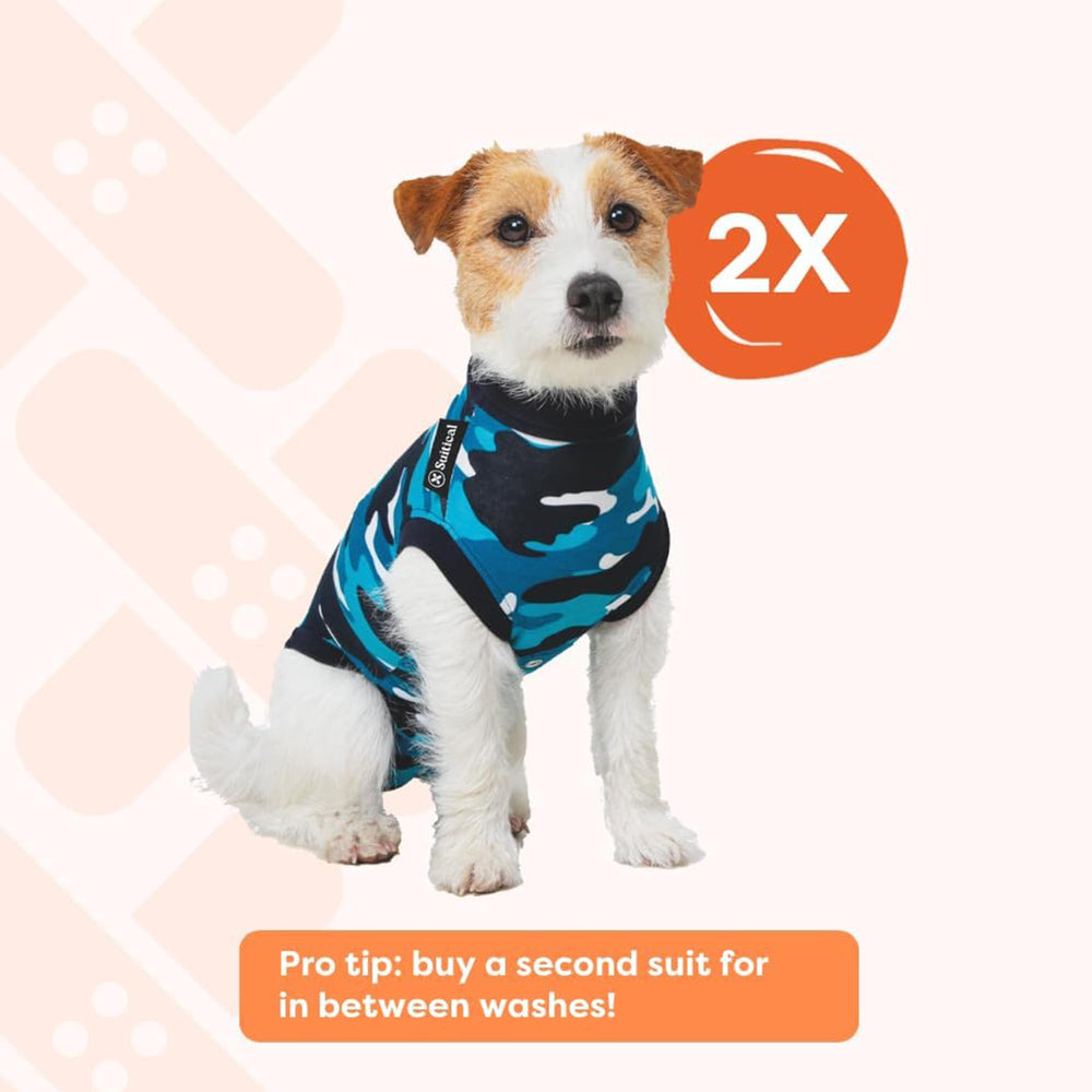 Suitical blue camouflage recovery suit worn during a walking session