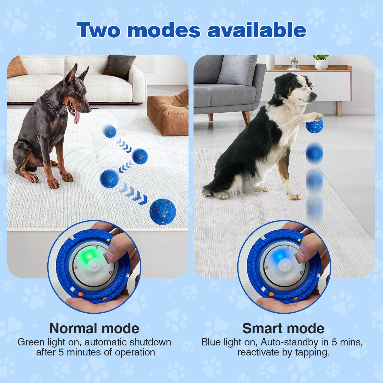 SUJF interactive dog ball green mode indicating safe play session