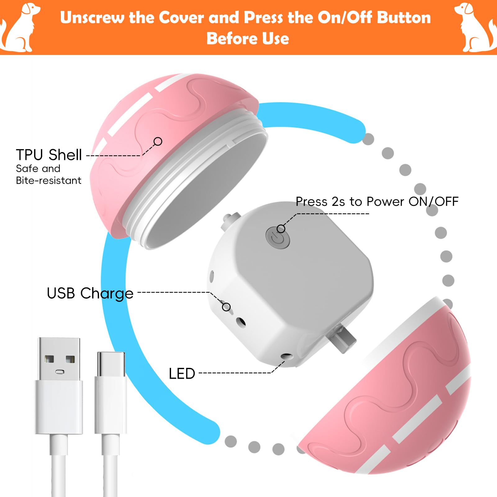 SUJF interactive dog ball with LED lights for attention