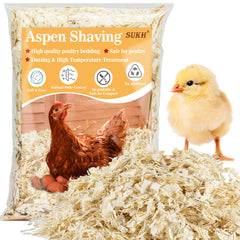 Sukh 31oz Aspen chicken coop bedding packaging shown for easy storage and ready use