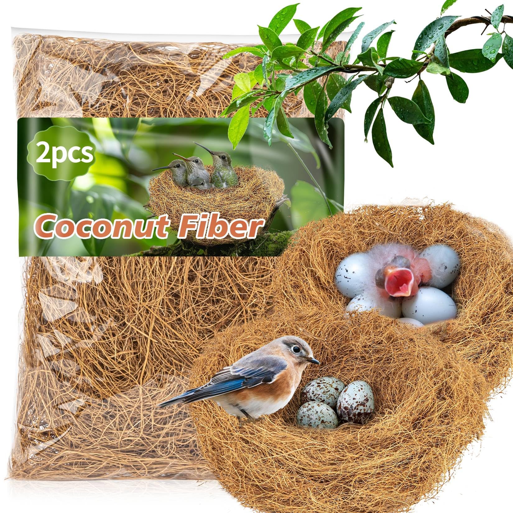 Sukh coconut fiber bird nest pack provides soft, fluffy nesting material for small birds.