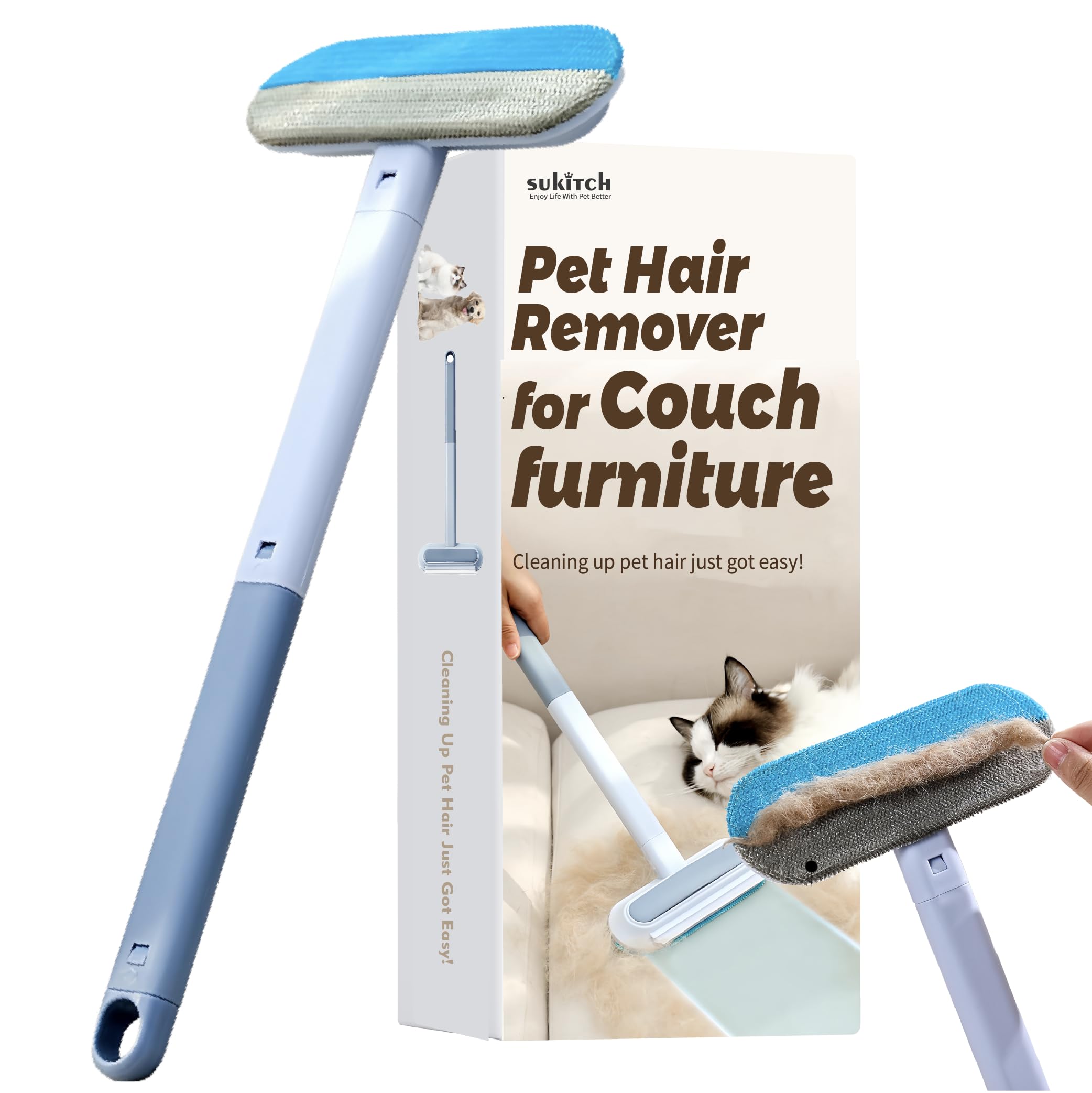 Sukitch pet hair remover with long-handle design for standing sofa cleaning