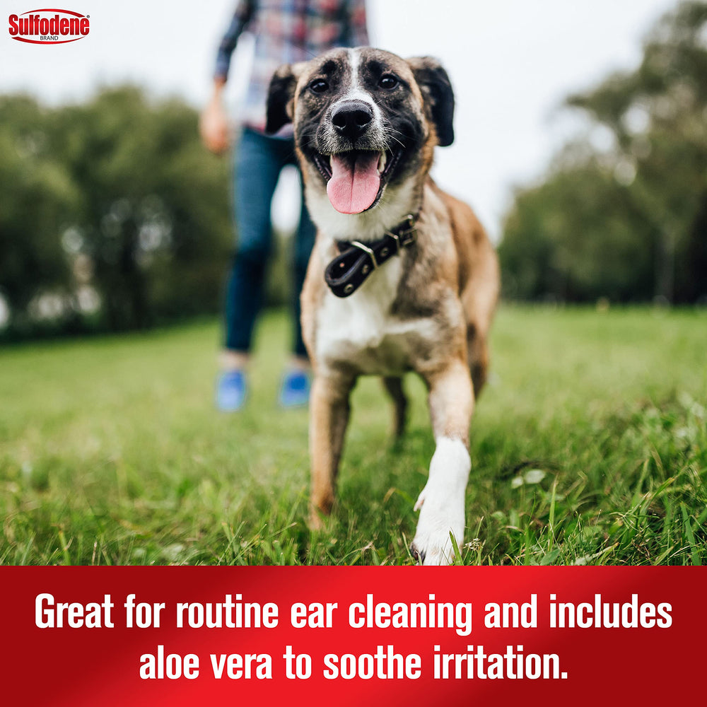 Sulfodene ear cleaner with aloe vera soothing irritation.