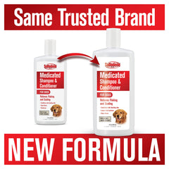 Sulfodene medicated dog conditioner bottle promoting shiny, healthy coats.