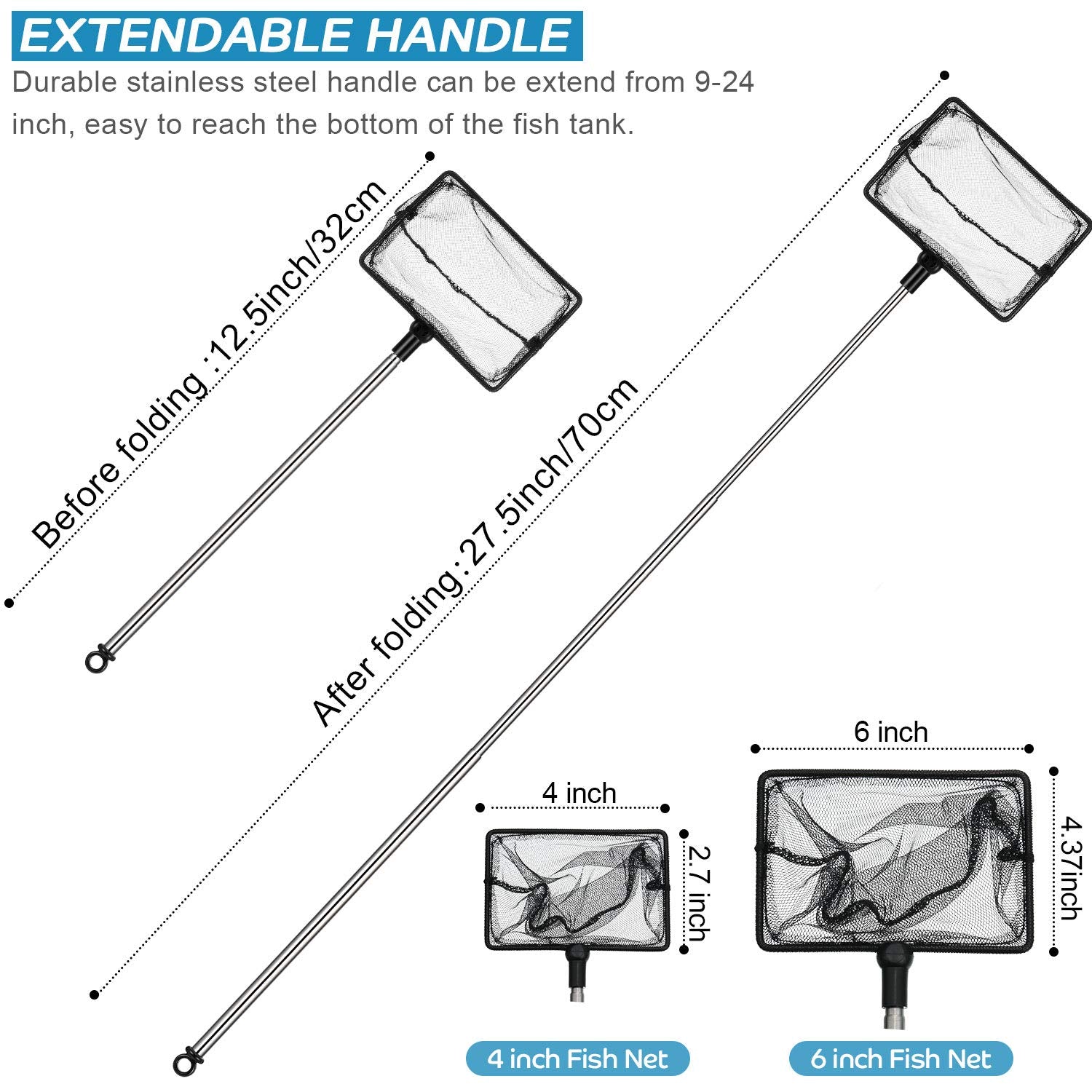Sumind fish tank net 6-inch reaches deeper tanks for larger fish.
