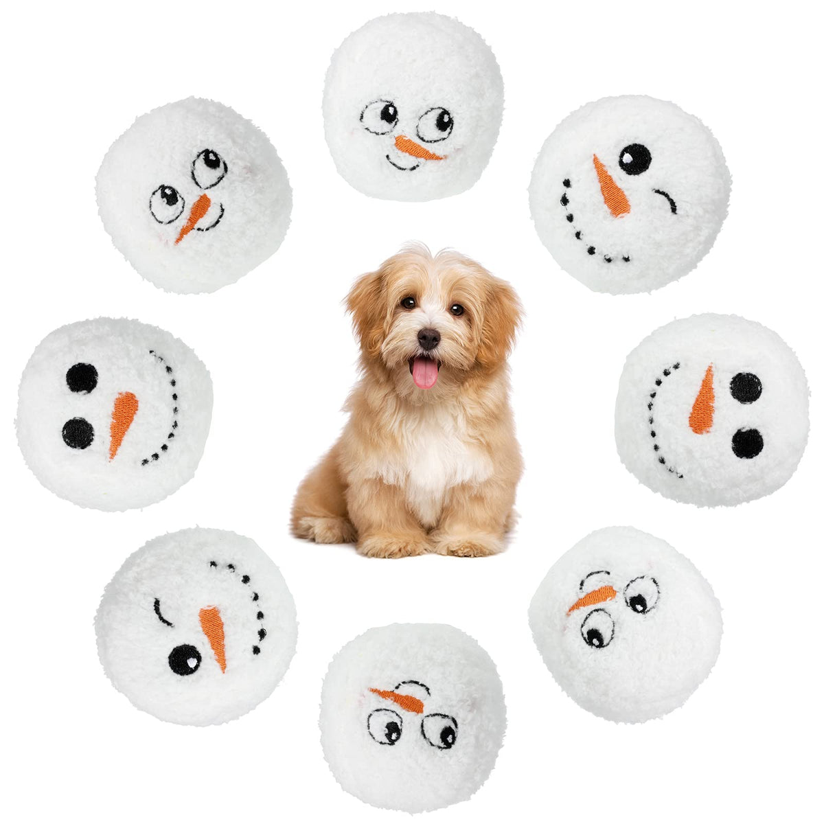 Sumind plush snowman ball dog toy showcases four styles for indoor and outdoor fetch.