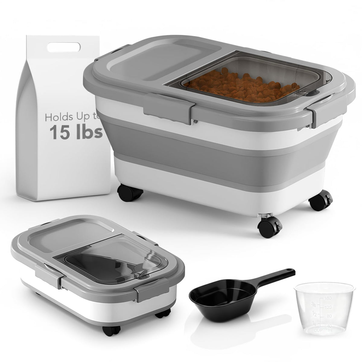 Summark 15 Lb container with foldable lid demonstrates space-saving storage.