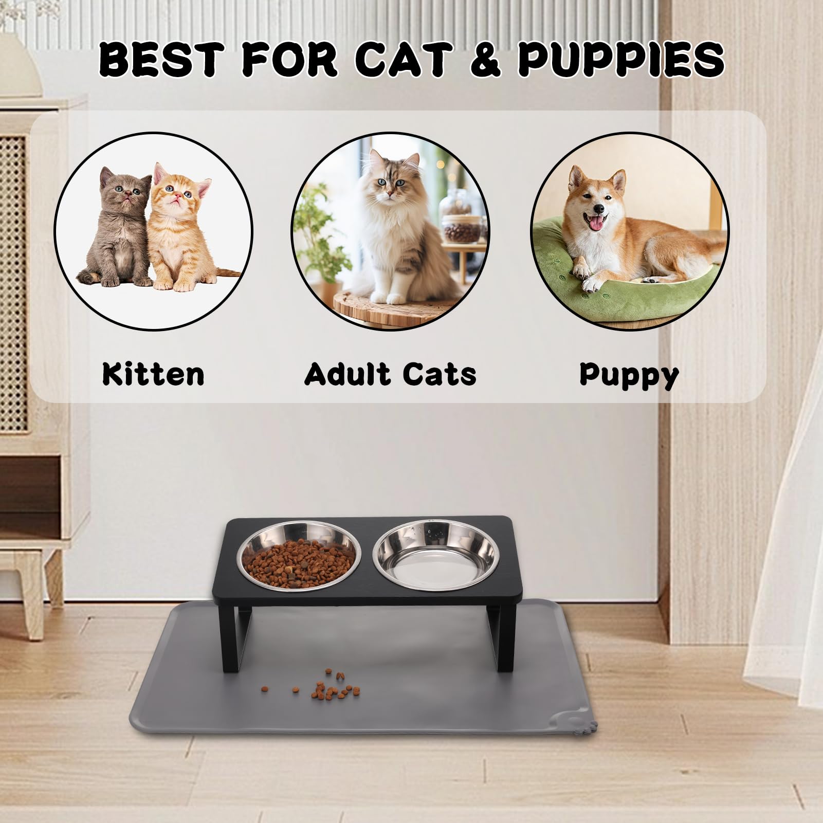 Summark black cat-dining setup enhances feeding area with neat aesthetics