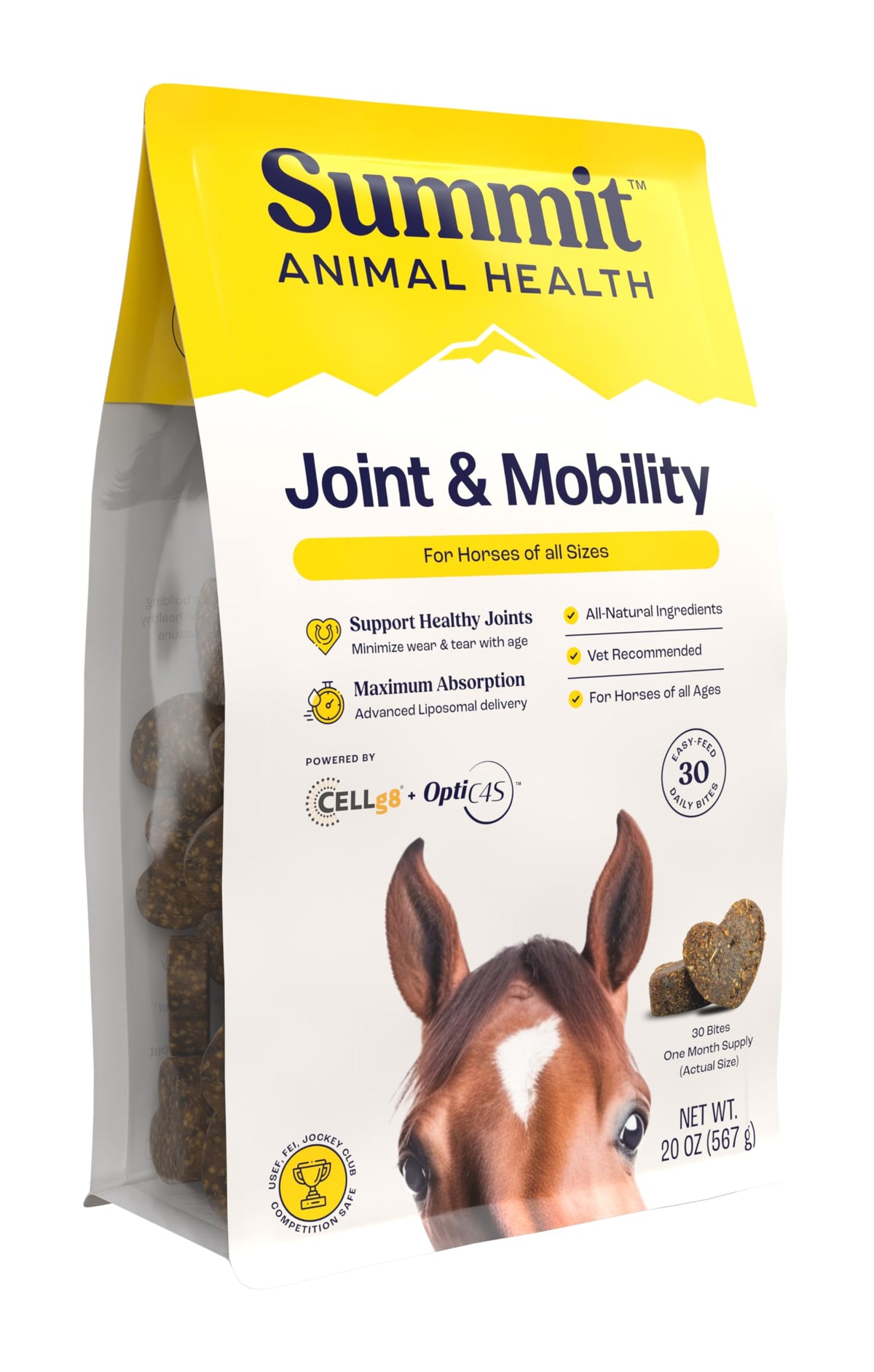 Summit Equine Joint Bites bottle view highlighting convenient daily dose for joint support.