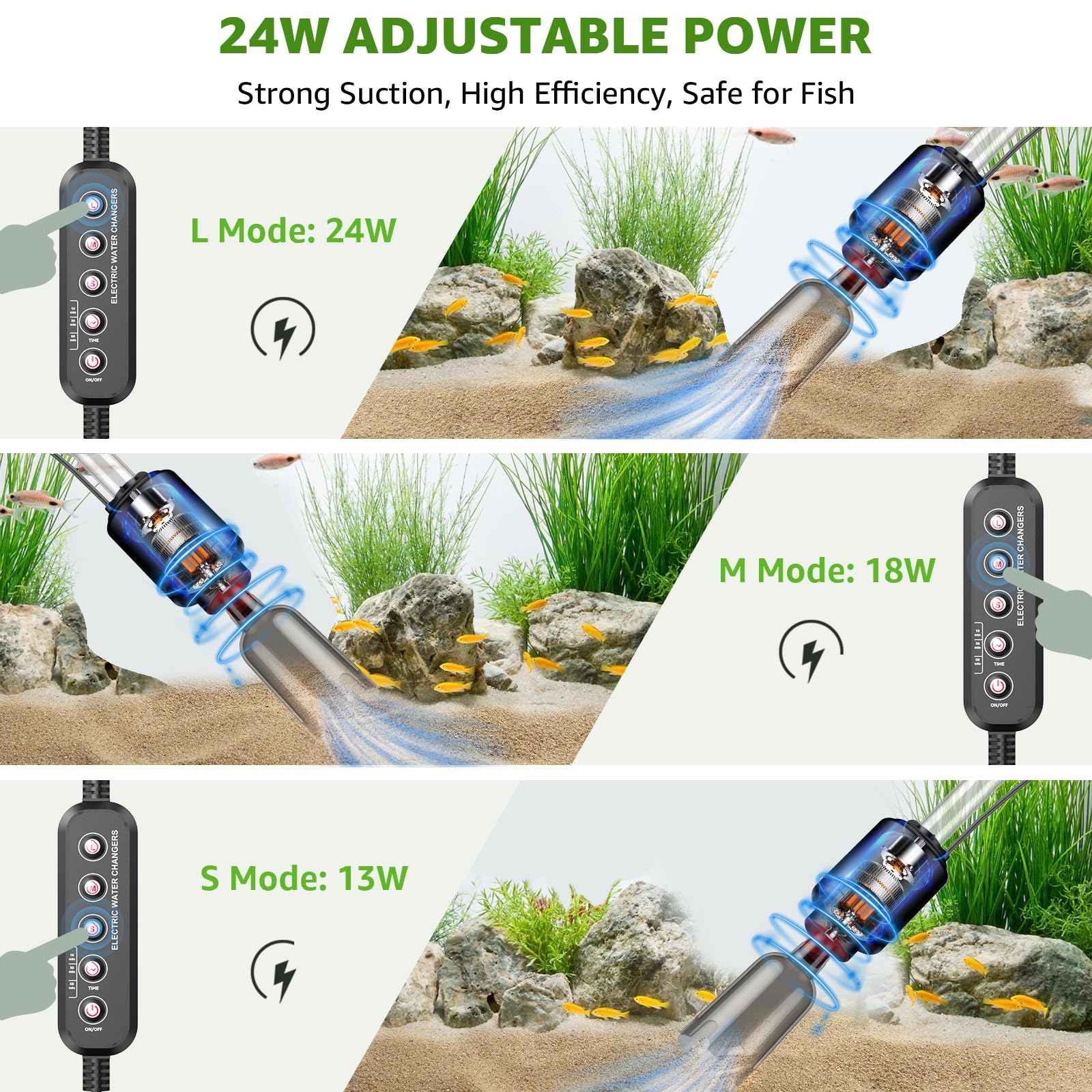 Suness Aquarium Vacuum power adjustment highlights customizable suction for different tank sizes.