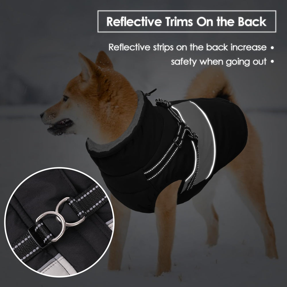 SUNFURA dog coat built-in harness with D-ring keeps leash secure on adventures.