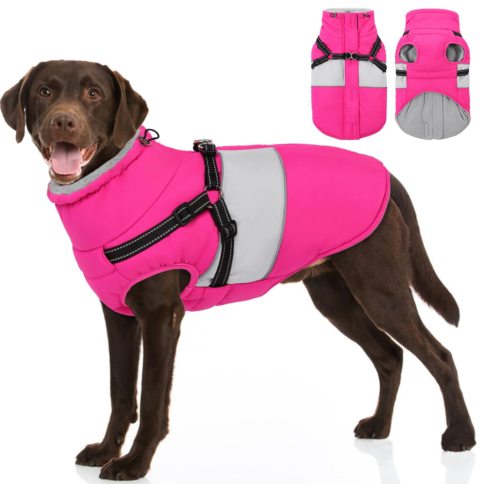 SUNFURA dog coat hot pink XXL front view shows warm waterproof outerwear for chilly walks.