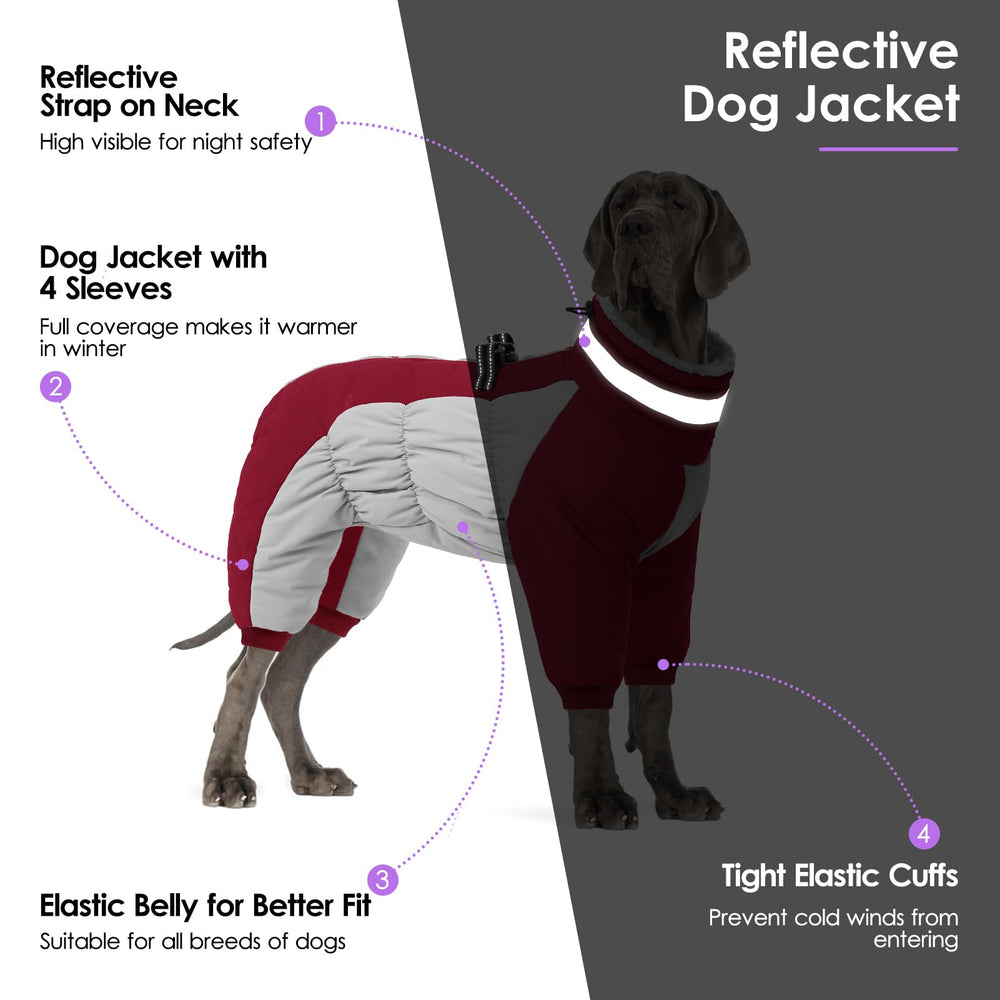 SUNFURA dog coat legged design offers windproof warmth across torso and legs.