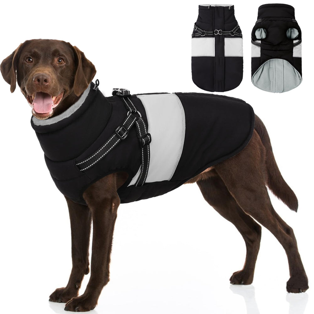 SUNFURA dog coat with waterproof fleece lining keeps dogs warm during snowy walks.
