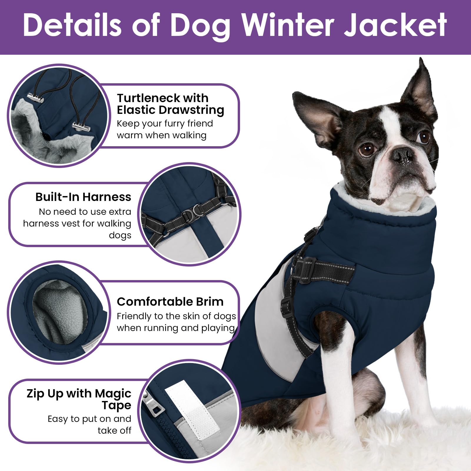 SUNFURA dog jacket with zipper closure for easy on and off.
