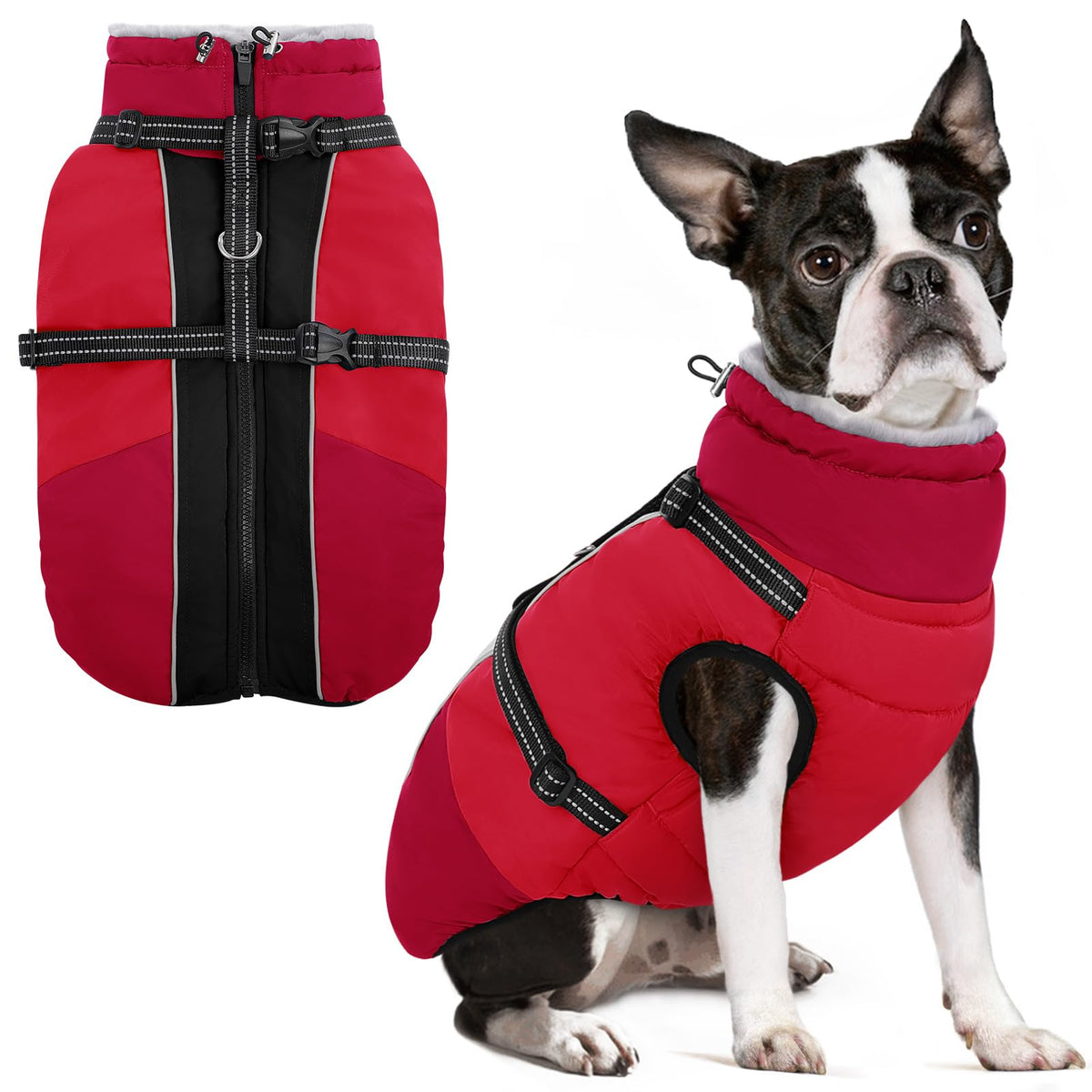 SUNFURA dog winter coat back view shows built-in harness for secure leash attachment.