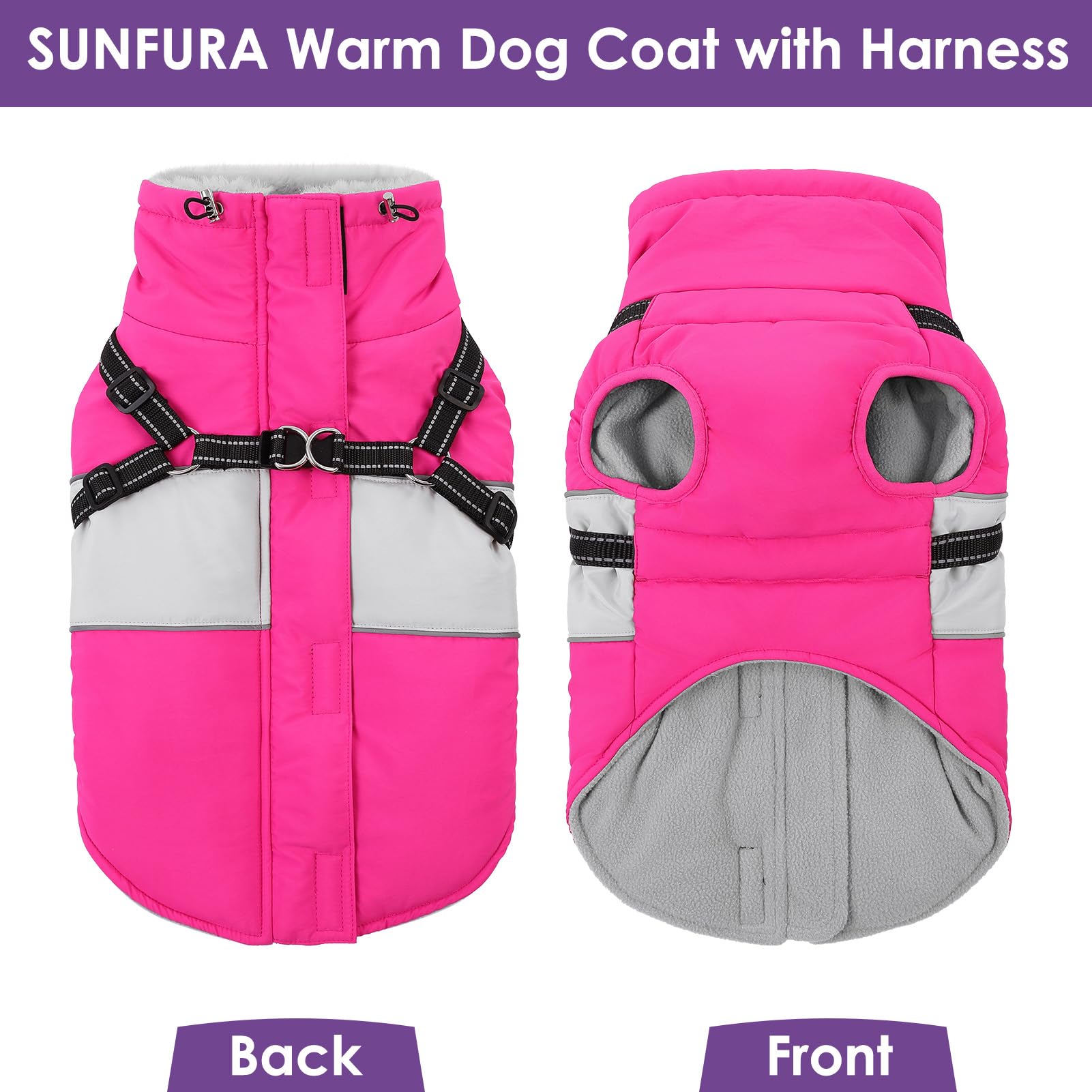 SUNFURA dog winter coat harness and padding layout shows comfortable fit for multiple breeds