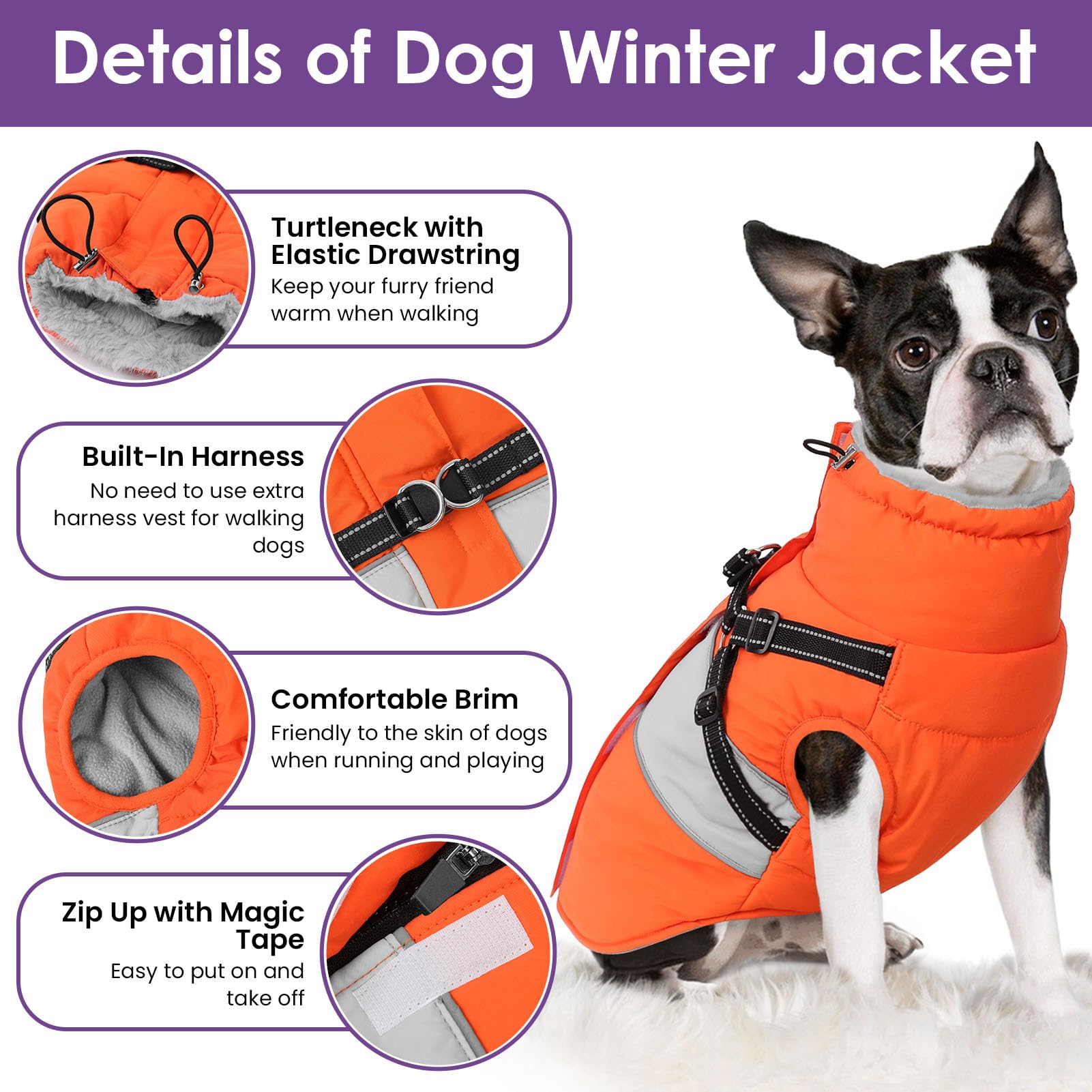 SUNFURA dog winter coat polar fleece lining provides warmth and comfort.