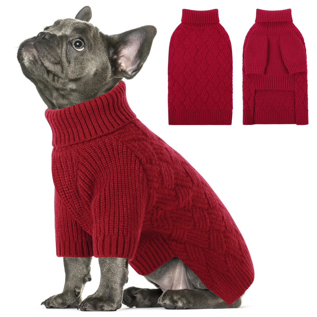 SUNFURA small dog sweater red turtleneck front offers cozy warmth for chilly walks.