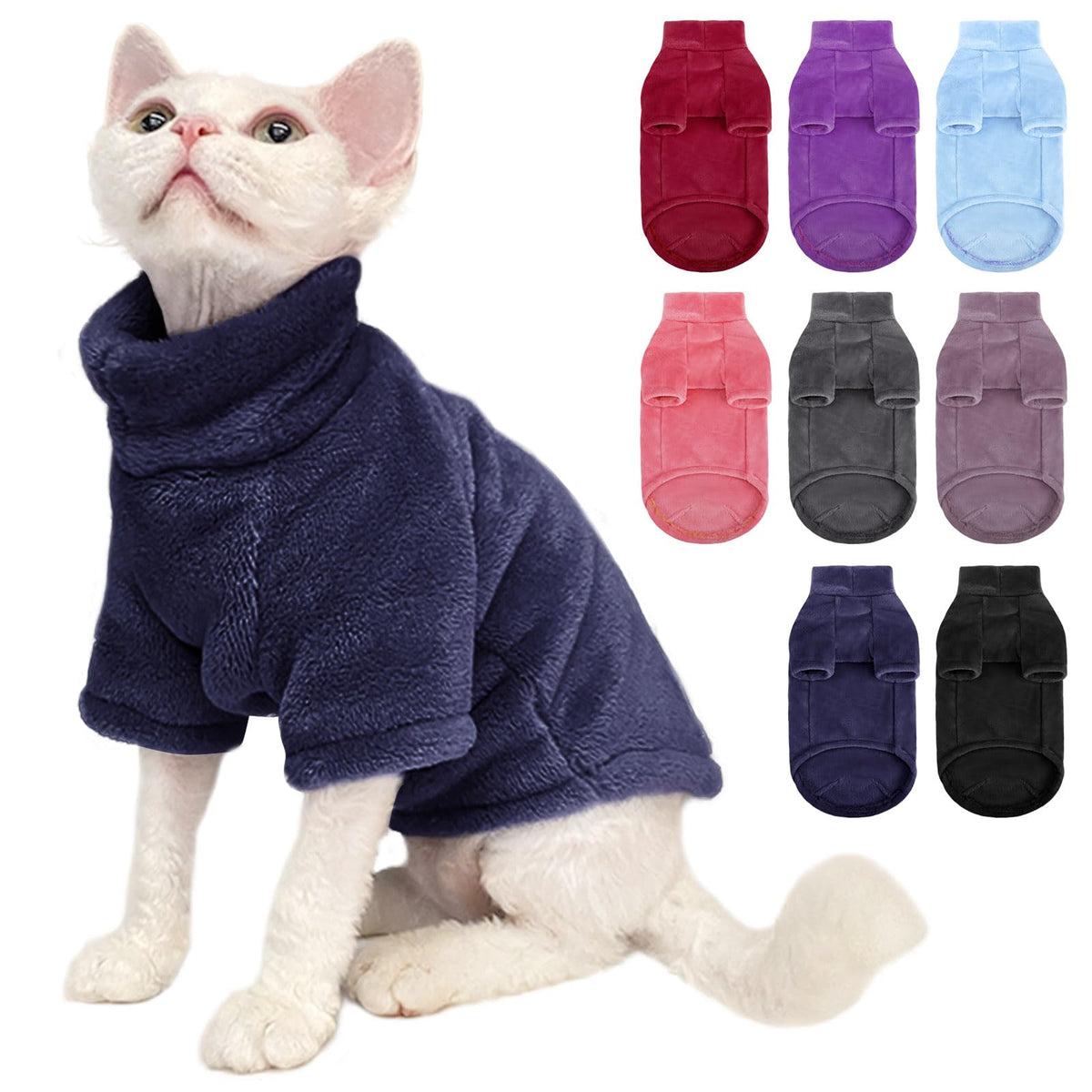 SunFURA turtleneck sweater coat on a navy cat for cozy warmth.