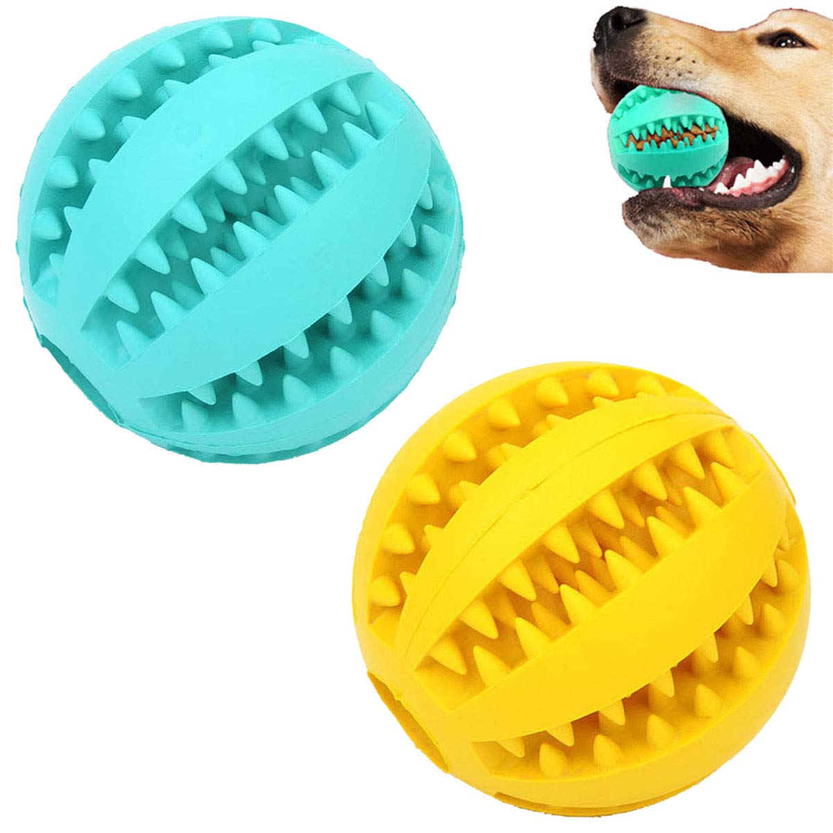 Sunglow two-pack dog toy blue-yellow ball close-up for engaging play and teething relief.
