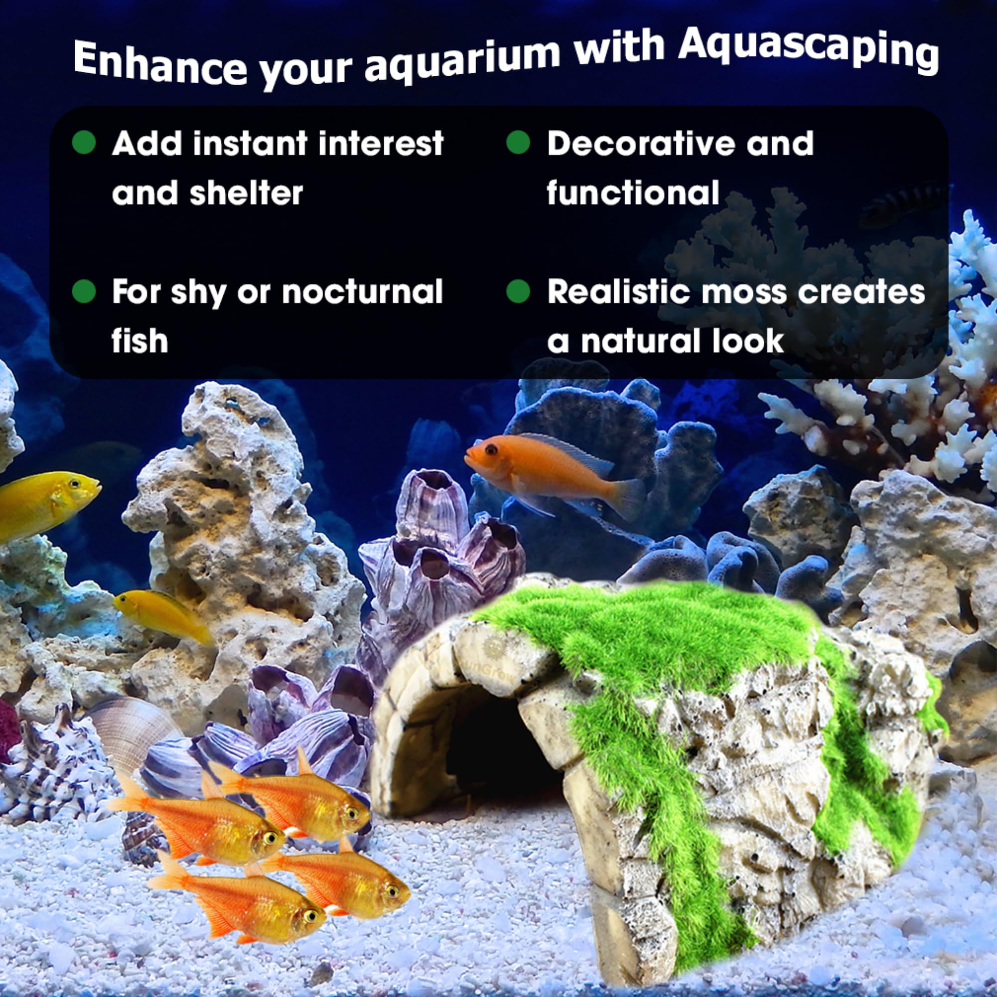 SunGrow aquarium moss-accent cave detail enhances natural underwater scenery.