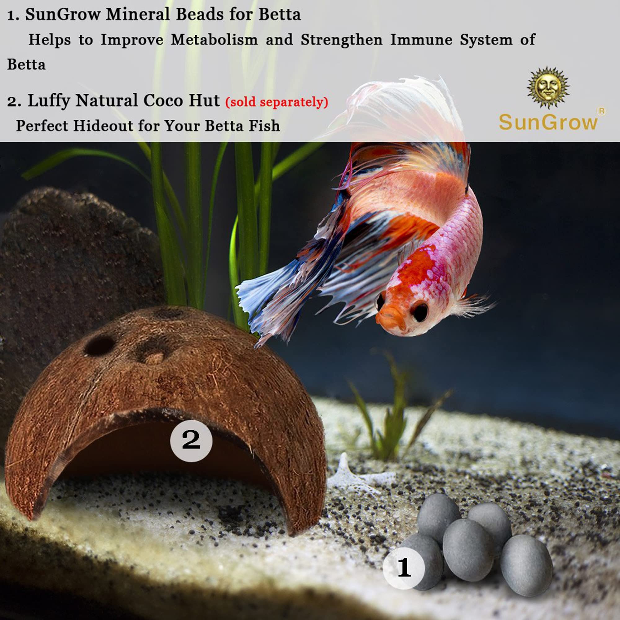 SunGrow Betta Balls placed near decor aiding mineral distribution in the water.