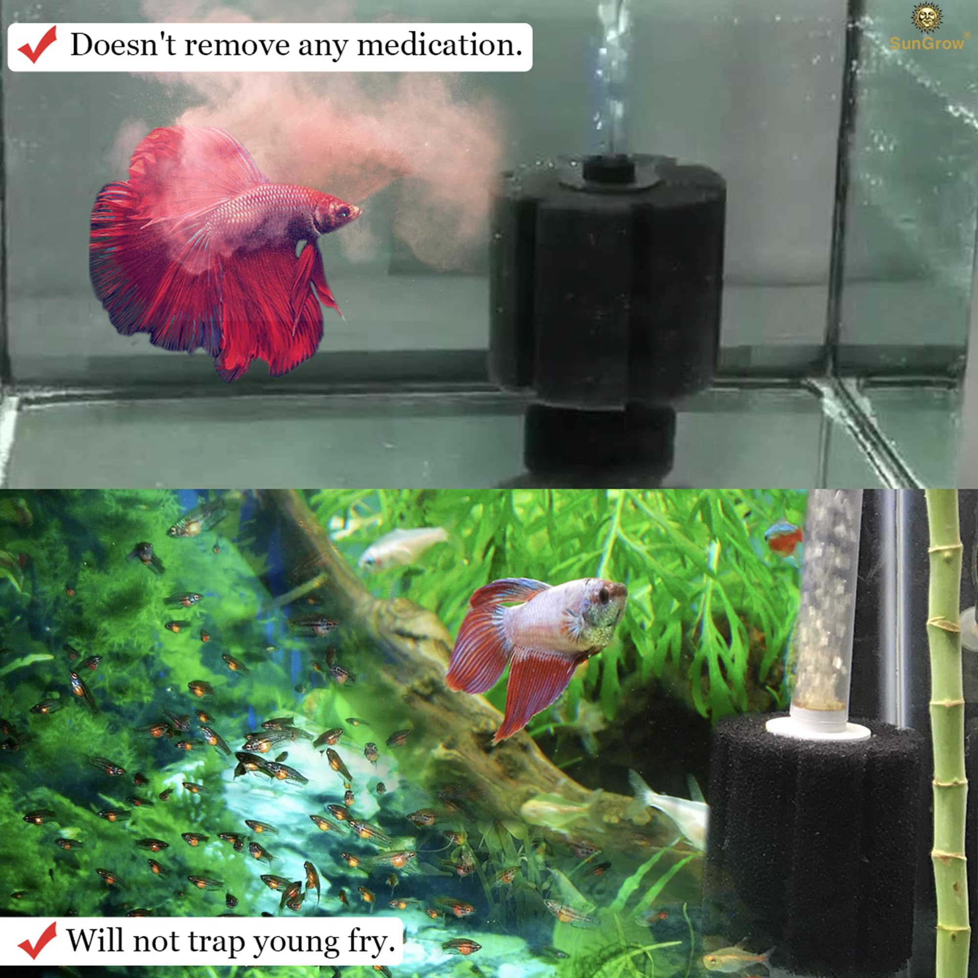 SunGrow Betta Sponge Filter in tank highlighting suitability for fry