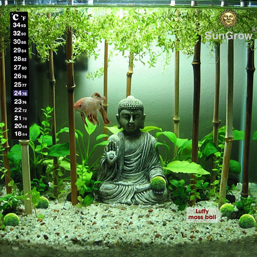 SunGrow Betta thermometer strip with 64-93°F range supports versatile tropical setups.