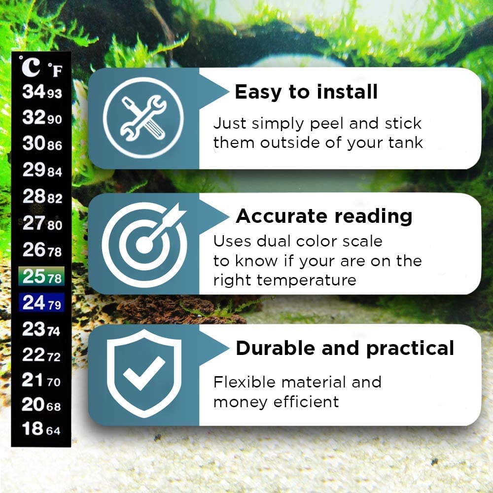 SunGrow Betta thermometer strip on glass helps be aware of changes.
