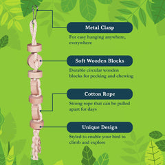 SunGrow bird toy with circular wood blocks and rope enhances mental stimulation