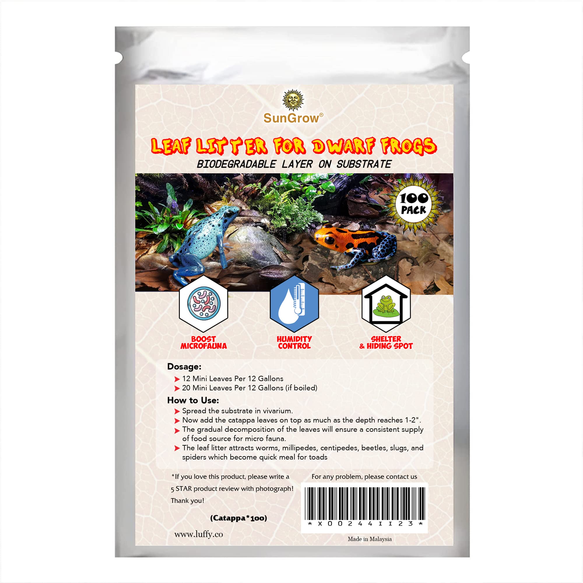 SunGrow catappa leaf litter increases humidity for tropical terrariums.
