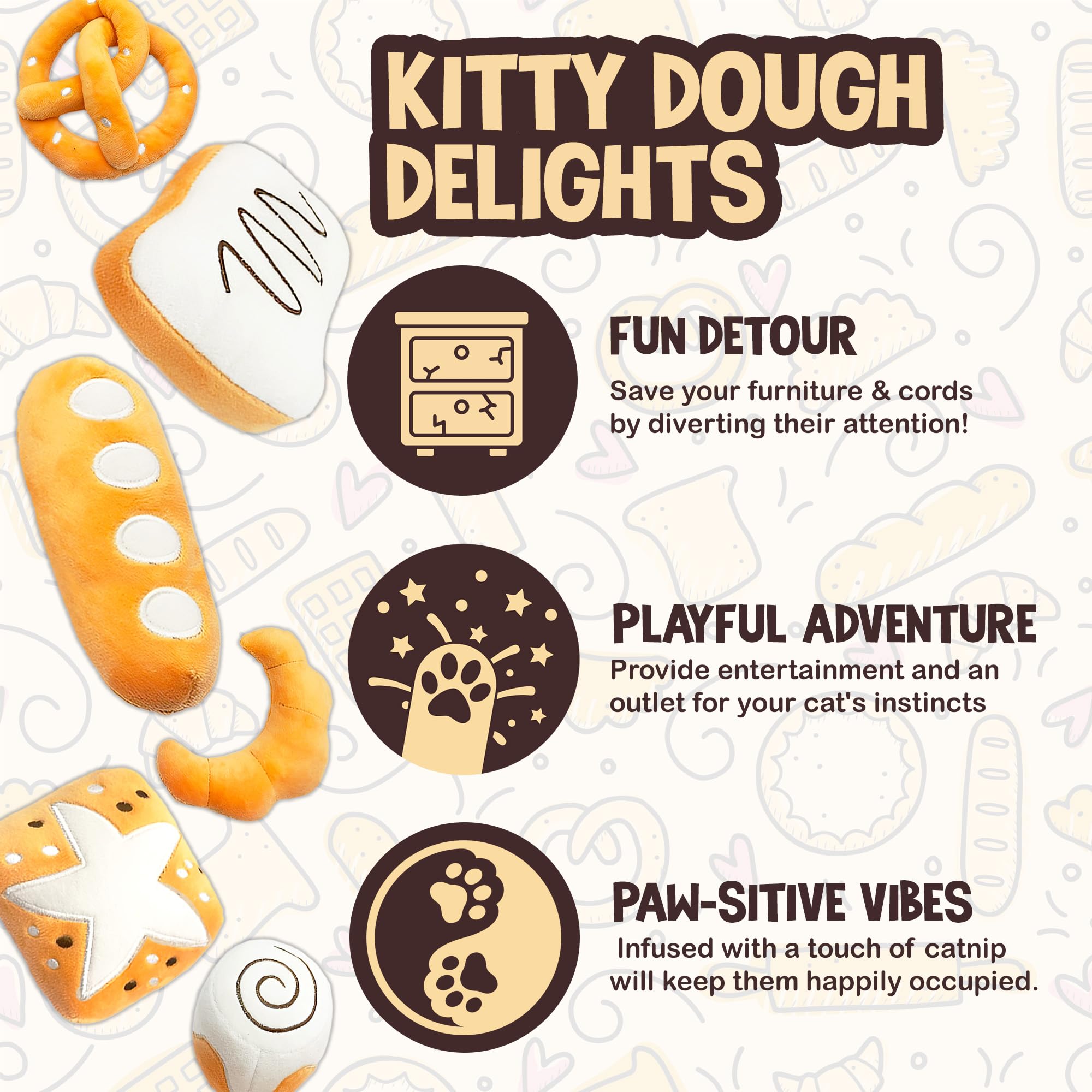 SunGrow Catnip Buns Pretzel shape encourages chasing and batting for active cats.