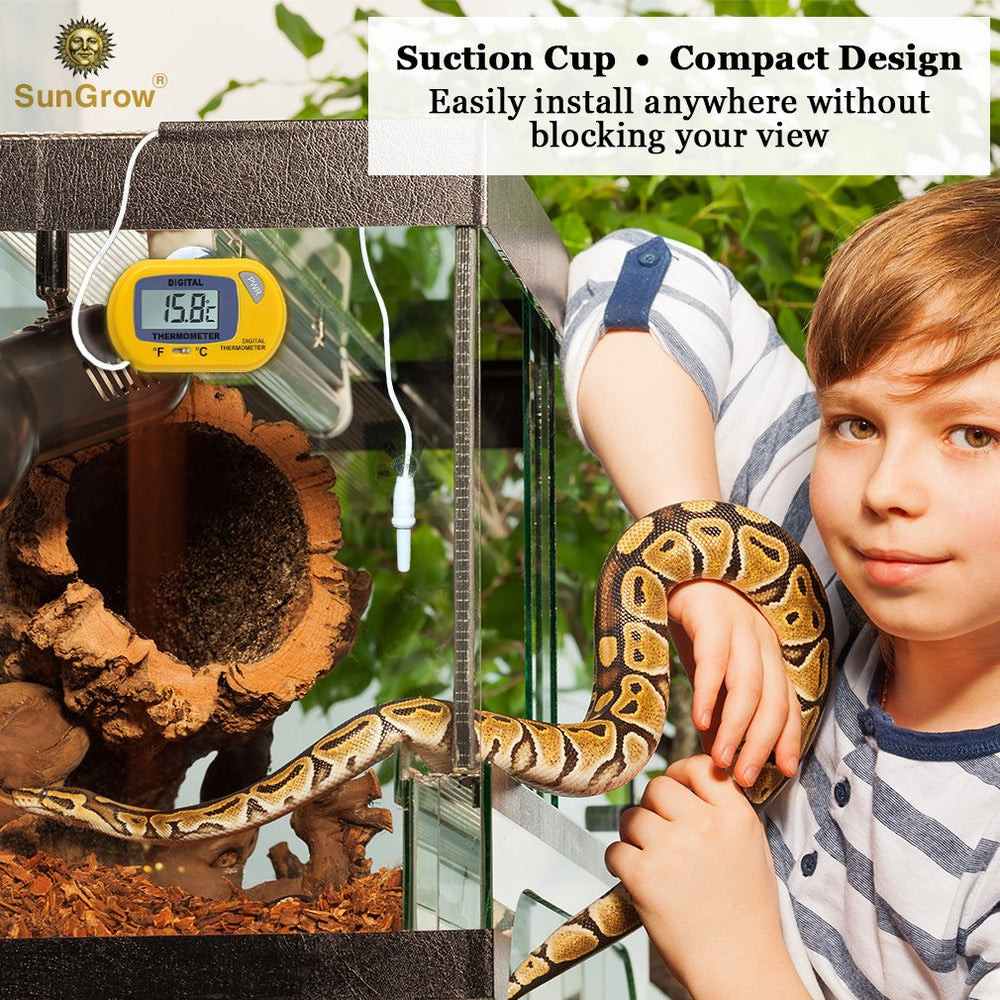 SunGrow compact yellow thermometer blends with enclosure while tracking temperature