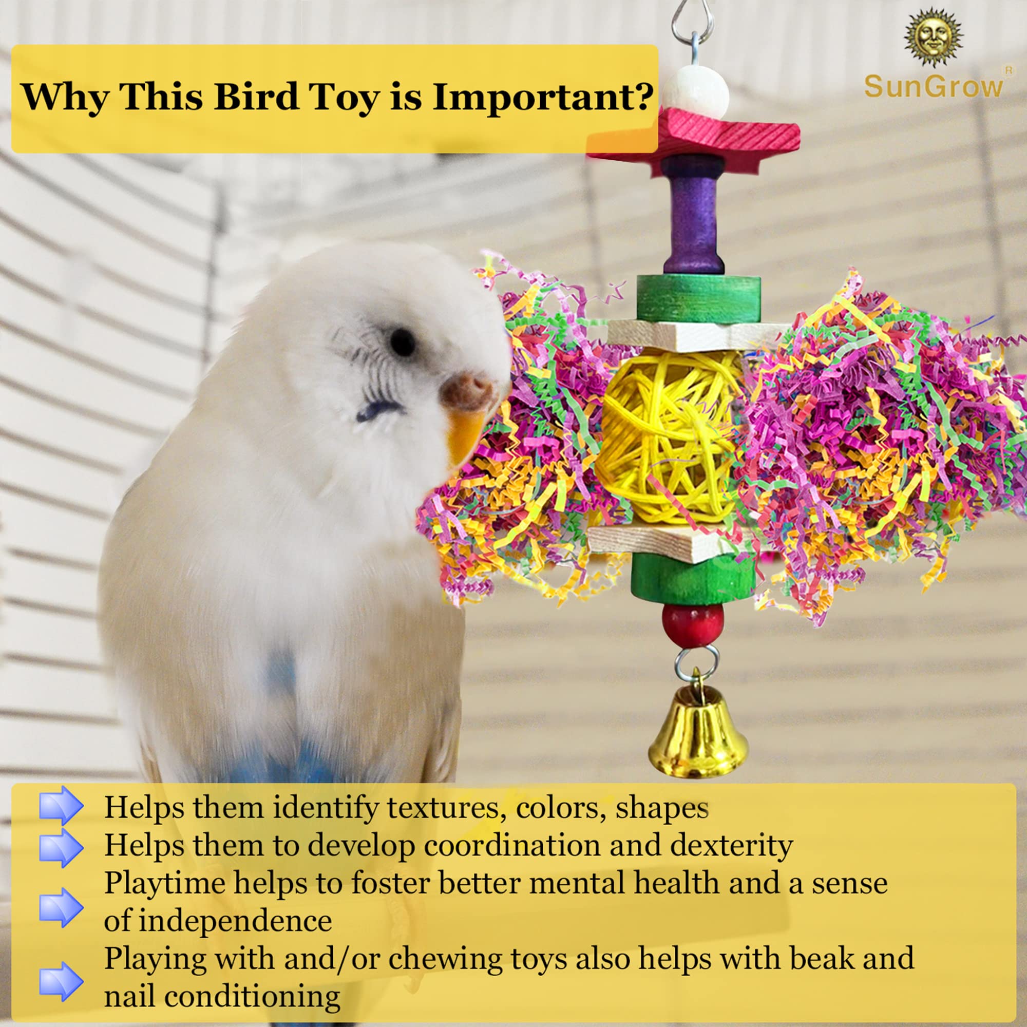 SunGrow parakeet toy wooden stars and blocks support natural chewing behavior in cages