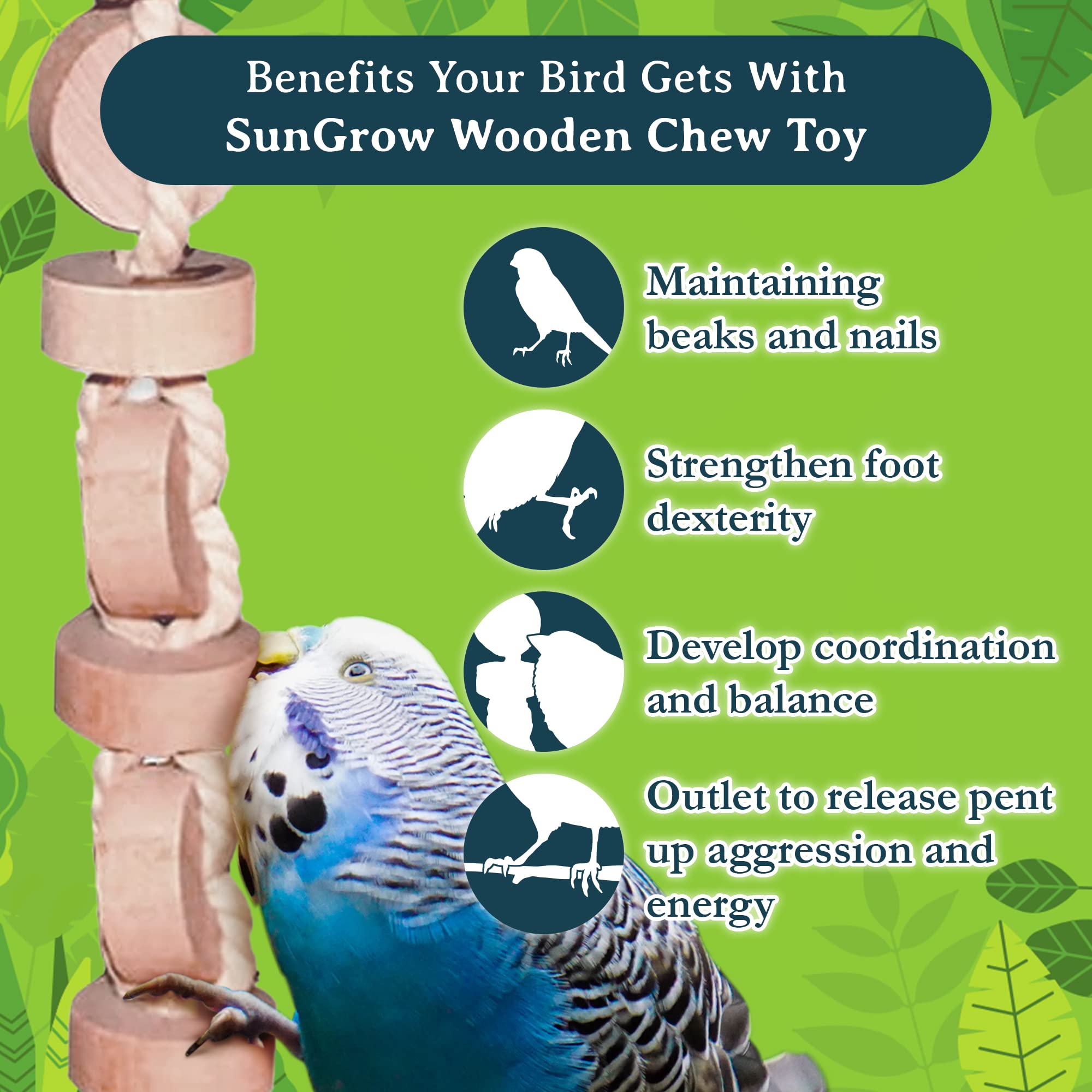 SunGrow parakeet toy wood blocks rope toy encourages climbing and exploration