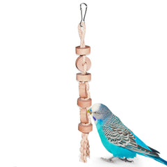 SunGrow Parakeet wooden chew toy with hanging cookies promotes pecking and playful interaction