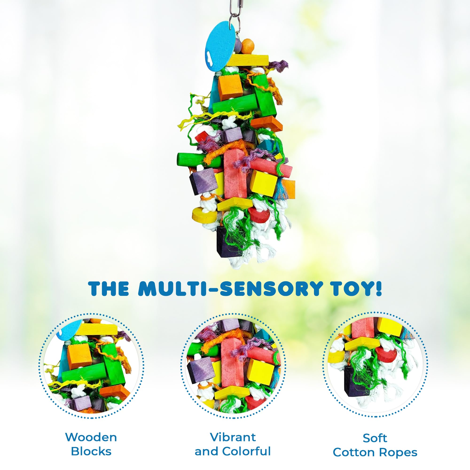SunGrow parrot toy with multi-colored blocks encourages climbing and exploration