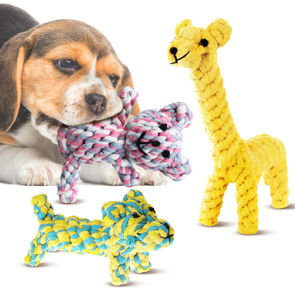 SunGrow puppy giraffe cotton rope toy for small breeds providing teething relief.