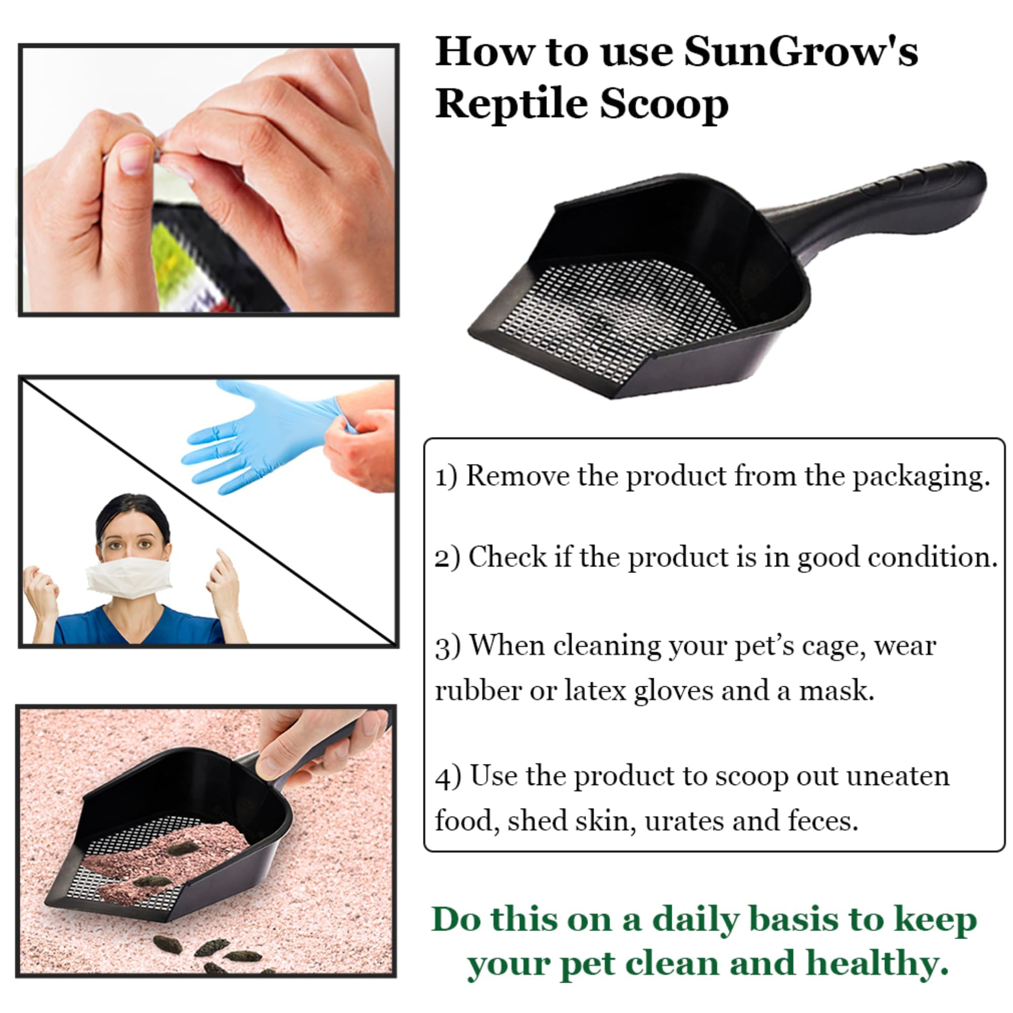 SunGrow Reptile Litter Scoop diamond-grid holes filter sand cleanly