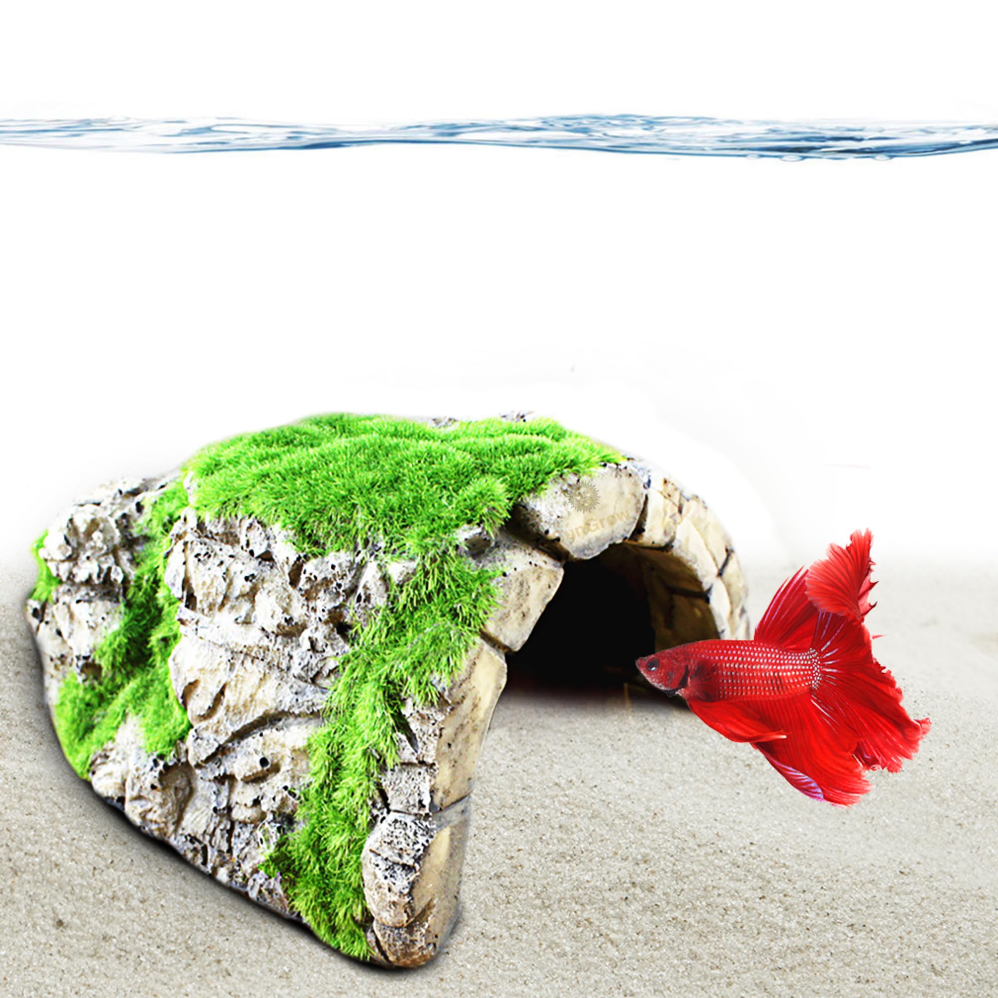 SunGrow resin rock ornament with gray tones and moss highlights boosts realism.