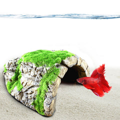 SunGrow resin rock ornament with gray tones and moss highlights boosts realism.