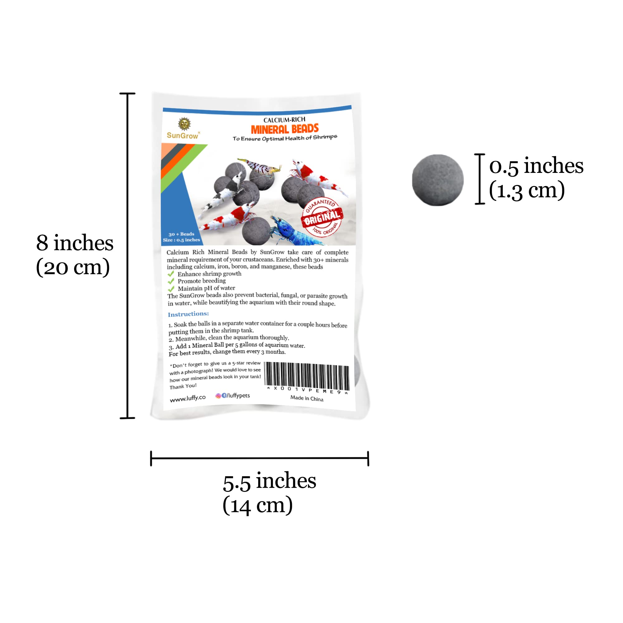 SunGrow Shrimp Balls size 0.4 inches, compact for flexible tank placement.