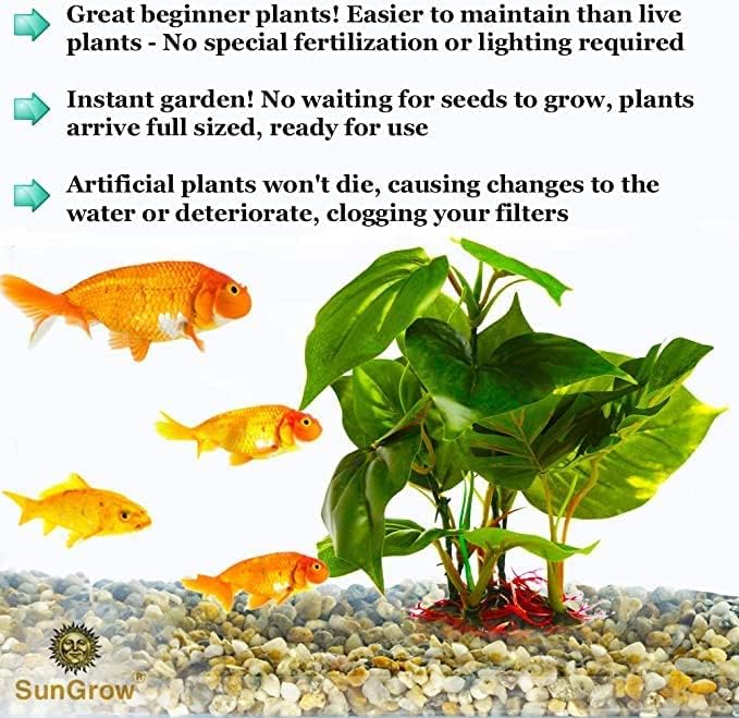 SunGrow silk leaves aquarium plant reduces fin snag risk while decorating tank.