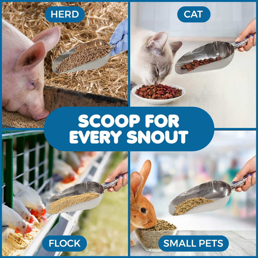 SunGrow stainless-steel scoop close-up highlighting easy cleaning and kibble not sticking.