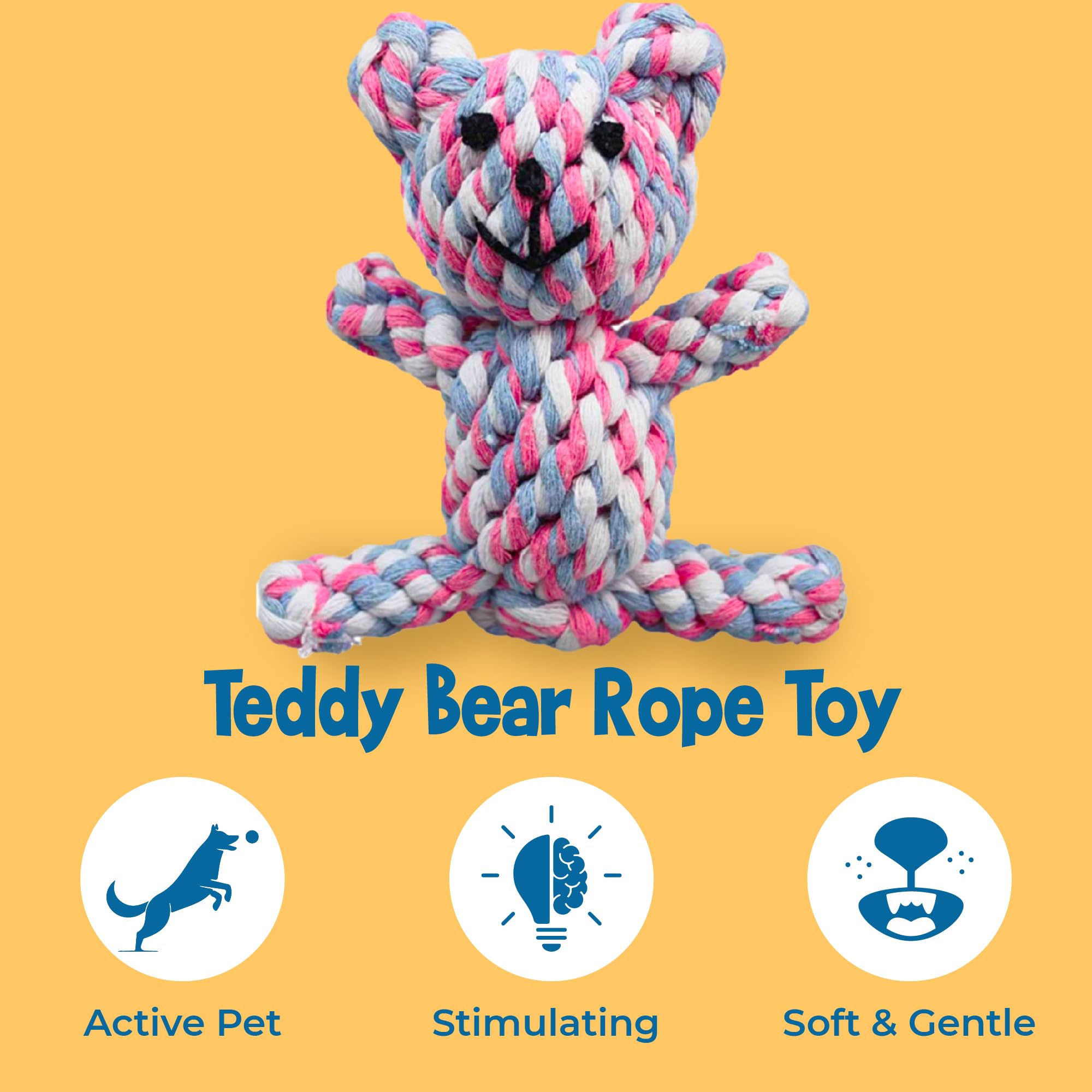 SunGrow Teddy Bear Puppy Teething Toy during tug-play demonstrates durable cotton rope for interactive fun.