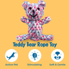 SunGrow Teddy Bear Puppy Teething Toy during tug-play demonstrates durable cotton rope for interactive fun.