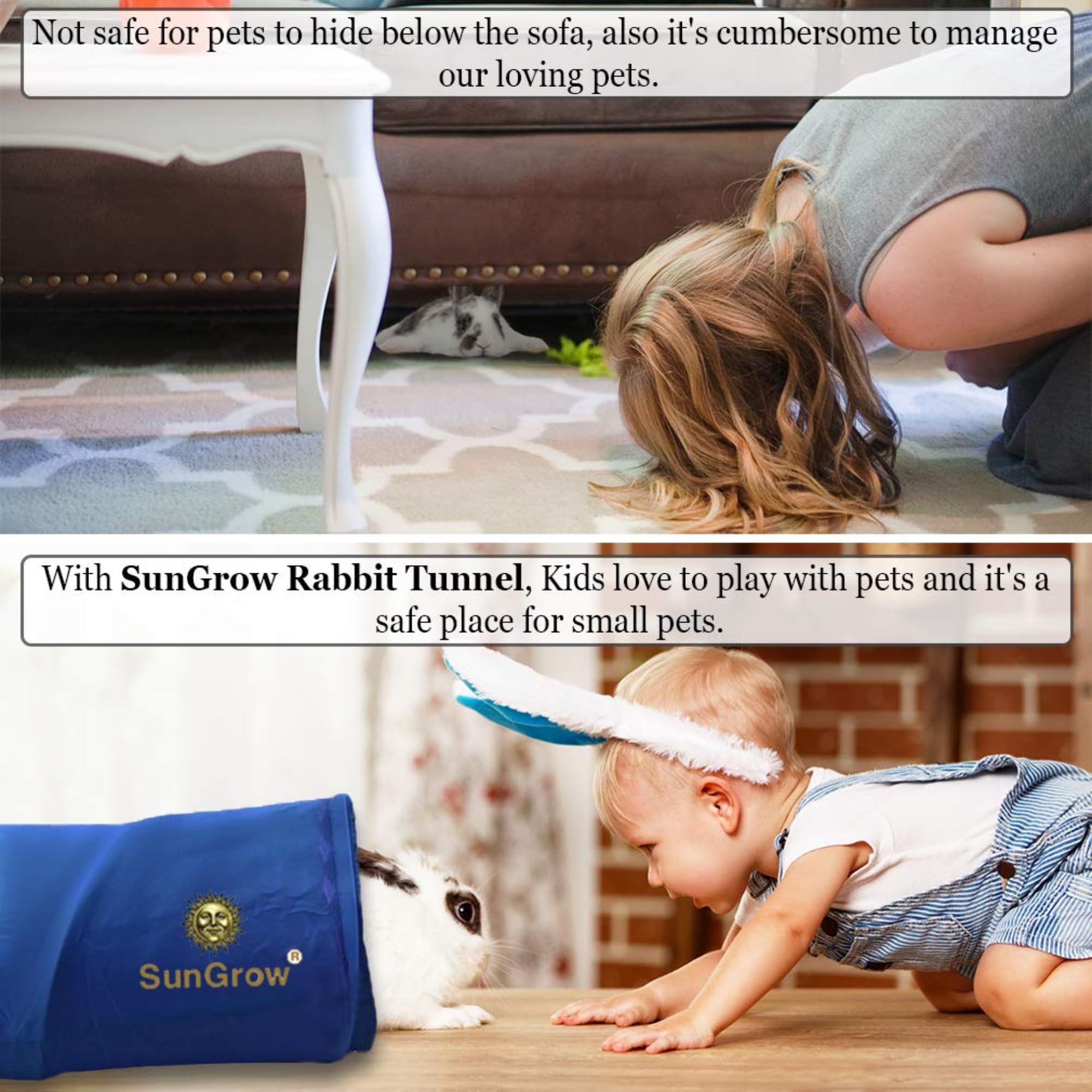 SunGrow Cat & Bunny Tunnel easy-clean fabric supports repeated use.
